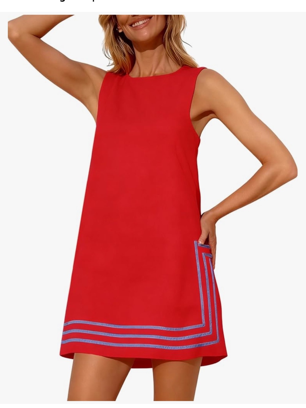 Amazon Red Sleeveless Mini Dress with Blue Contrast Trim